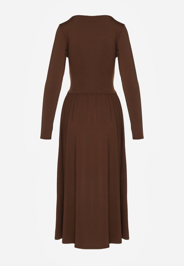 Renee - Brązowa Taliowana Sukienka Longsleeve z Wiskozą z Marszczeniem i Dekoltem V Elirie. Okazja: na randkę, na imprezę. Kolor: brązowy. Materiał: wiskoza. Długość rękawa: długi rękaw. Typ sukienki: oversize