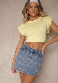 Renee - Niebieskie Jeansowe Spódnico-Szorty Zdobione Printem z Kokardkami Millesa. Okazja: na co dzień. Kolor: niebieski. Materiał: jeans. Wzór: aplikacja, nadruk. Styl: elegancki, casual