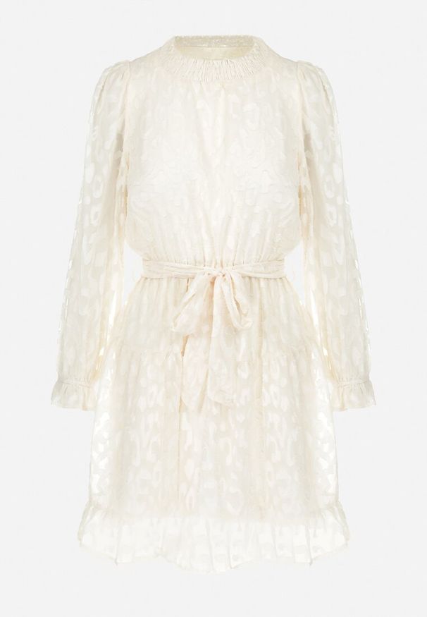 Born2be - Beżowa Sukienka Koronkowa Wiązana w Pasie Mova. Kolor: beżowy. Materiał: koronka. Wzór: motyw zwierzęcy, nadruk. Długość: mini