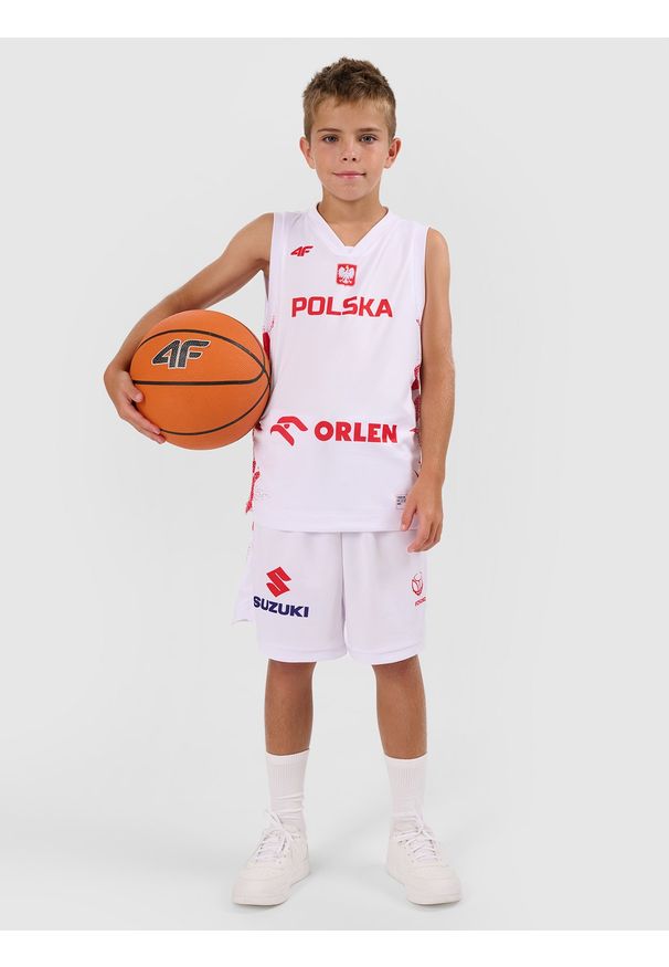 4f - 4F Koszulka reprezentacyjna z możliwością personalizacji dziecięca 4F x PZKOSZ - biała 110/116. Typ kołnierza: dekolt w serek. Kolor: biały. Materiał: syntetyk, włókno, materiał. Wzór: nadruk, napisy. Sezon: lato. Styl: klasyczny, sportowy