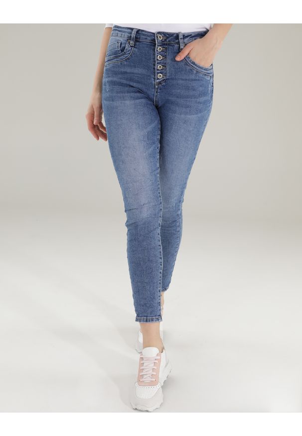 Unisono - SPODNIE JEANSOWE. Materiał: jeans. Wzór: gładki. Styl: klasyczny