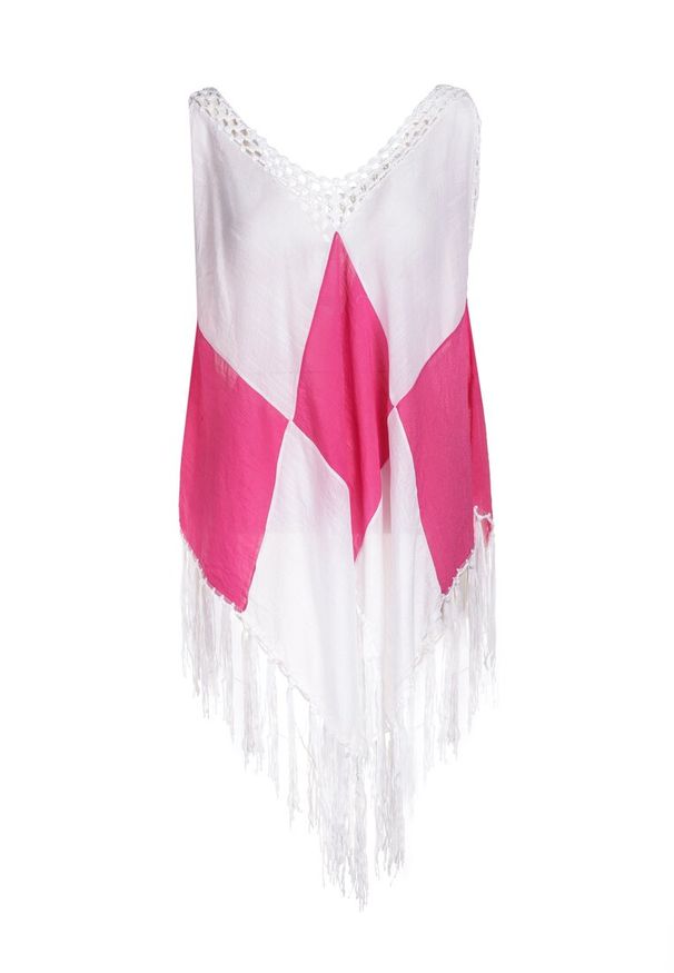 Born2be - Biało-Fuksjowa Tunika Nyssaia. Okazja: na plażę. Kolor: biały. Długość rękawa: bez rękawów. Wzór: ażurowy, aplikacja, kolorowy