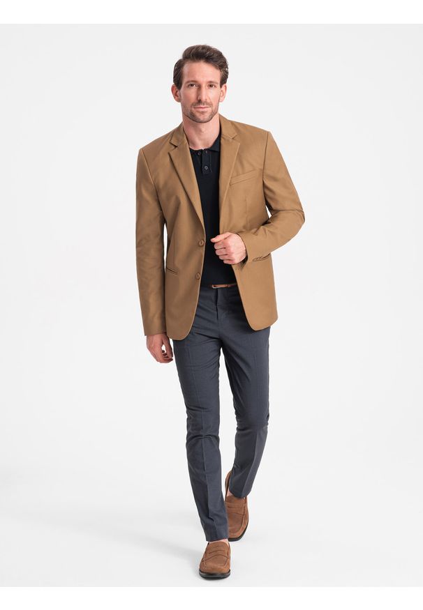 Ombre Clothing - Klasyczna marynarka męska z kieszenią na poszetkę - karmelowa V2 - Rozmiar: XXL. Materiał: poliester. Styl: klasyczny