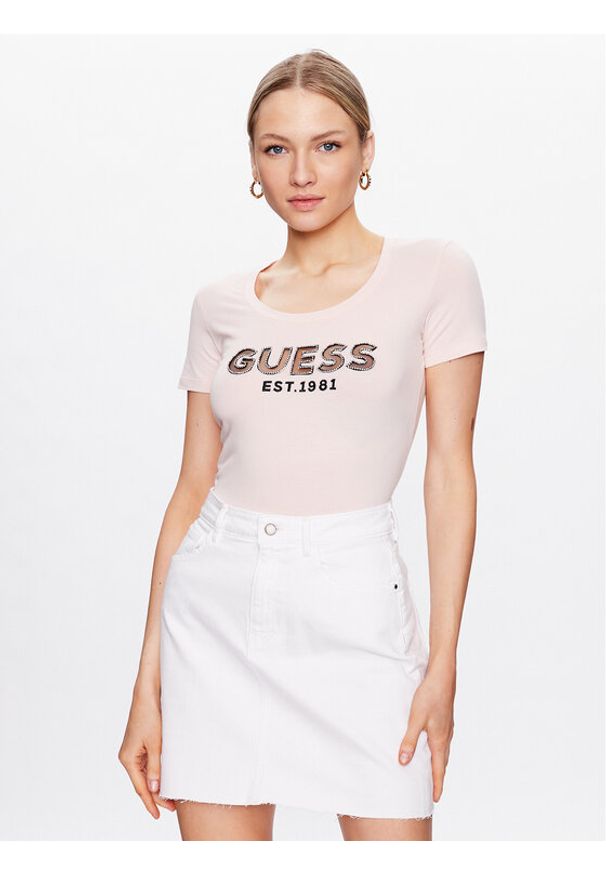 Guess T-Shirt Mesh Logo W3GI35 J1300 Różowy Slim Fit. Kolor: różowy. Materiał: bawełna, mesh