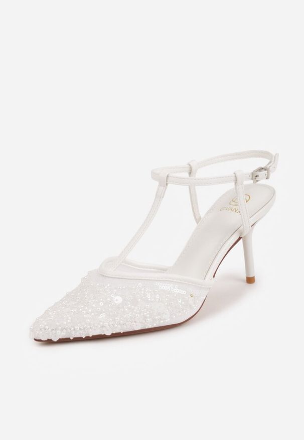 Renee - Białe Eleganckie Szpilki na Szpilce z Siateczkowym Noskiem z Koralikami Riosira. Zapięcie: pasek. Kolor: biały. Obcas: na szpilce. Styl: elegancki