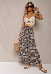 Renee - Ciemnozielone Szerokie Spodnie Kuloty z Gumką w Pasie Zaphelia. Okazja: na co dzień, do pracy. Stan: podwyższony. Kolor: zielony. Materiał: materiał. Styl: elegancki, casual #3