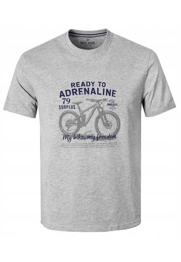Męska Koszulka (T-Shirt) - Pako Jeans - Popiel, Motyw Rowerowy. Okazja: na co dzień. Materiał: wiskoza, bawełna. Wzór: nadruk. Styl: casual