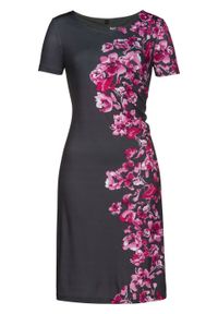 Sukienka shirtowa z nadrukiem bonprix szary - różowa magnolia z nadrukiem. Typ kołnierza: dekolt w serek. Kolor: szary. Długość rękawa: krótki rękaw. Wzór: nadruk. Styl: elegancki #1