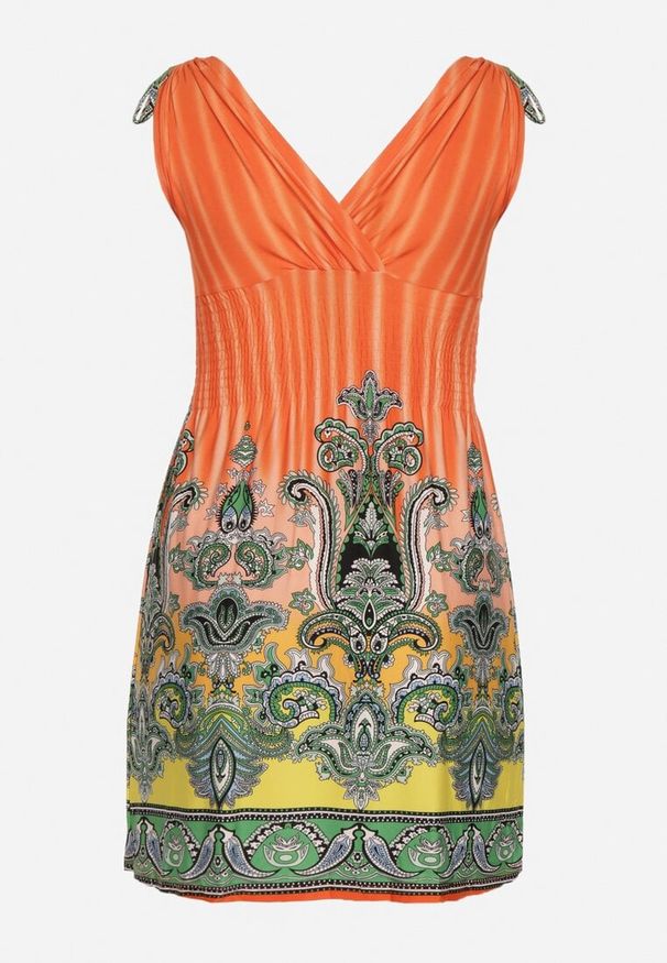 Born2be - Pomarańczowa Sukienka na Grubych Ramiączkach z Kopertową Górą o Rozkloszowanym Kroju Rissaline. Kolor: pomarańczowy. Długość rękawa: na ramiączkach. Wzór: aplikacja. Typ sukienki: kopertowe. Styl: elegancki, klasyczny