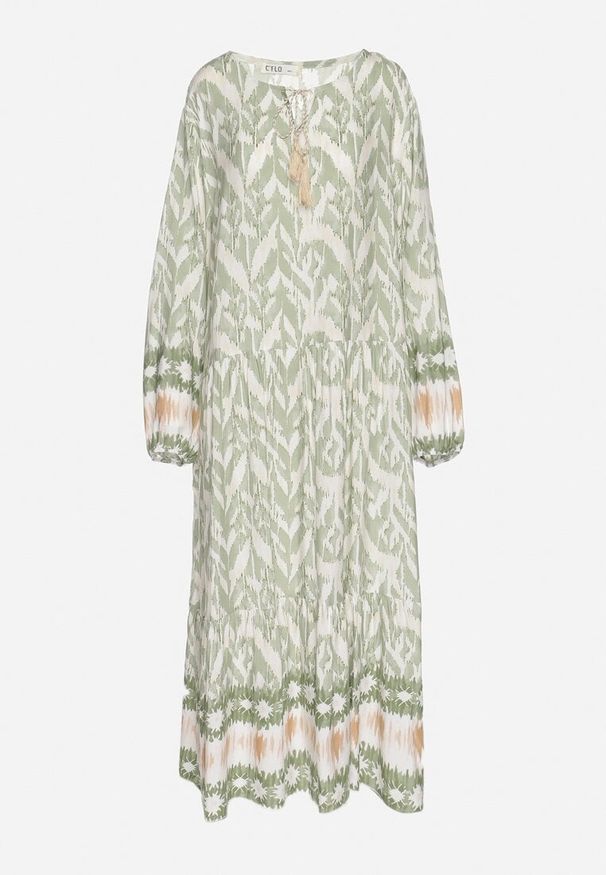 Born2be - Zielona Sukienka Rozkloszowana z Ozdobnym Wiązaniem w Boho Wzór Erainea. Okazja: na co dzień. Typ kołnierza: dekolt w kształcie V. Kolor: zielony. Materiał: jeans. Długość rękawa: długi rękaw. Wzór: aplikacja. Typ sukienki: rozkloszowane, proste. Styl: boho