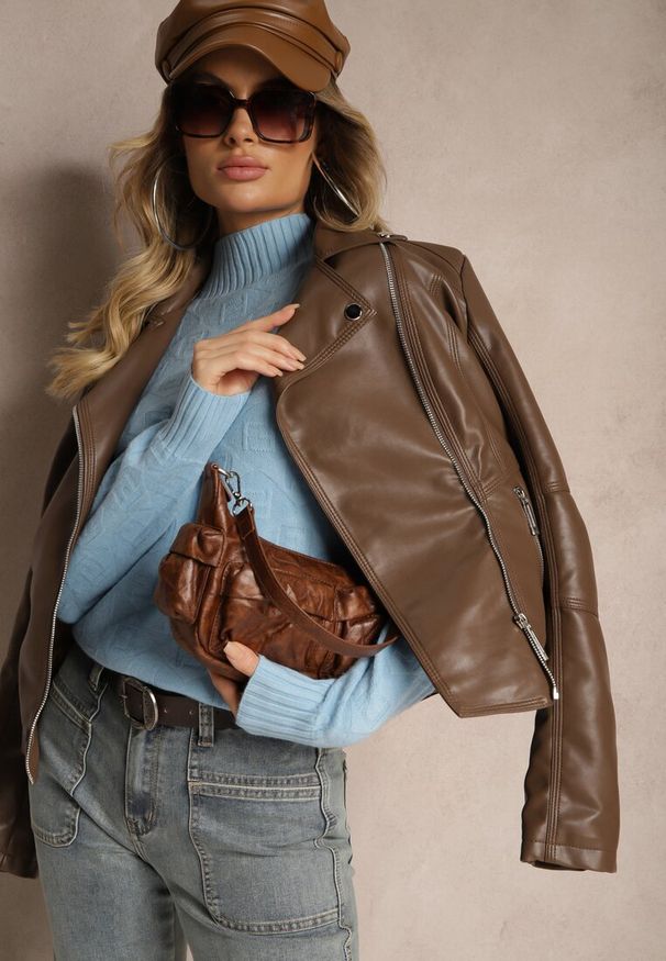 Renee - Niebieski Golf Sweter z Tłoczeniem i Ściągaczami Melovira. Okazja: na spotkanie biznesowe, na co dzień. Typ kołnierza: golf. Kolor: niebieski. Materiał: jeans. Wzór: aplikacja. Styl: klasyczny, biznesowy, casual, elegancki