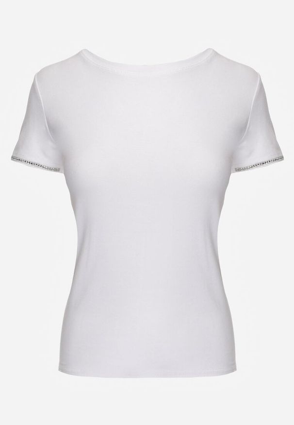 Renee - Biały T-shirt z Bawełny Ozdobiony Cyrkoniami Kallochis. Kolor: biały. Materiał: bawełna. Wzór: aplikacja