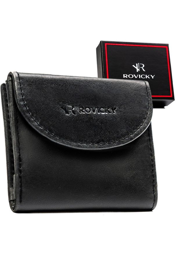 ROVICKY - Mały i cienki, skórzany portfel męski w czarnym kolorze zamykany zatrzaskiem - Rovicky. Kolor: czarny. Materiał: skóra