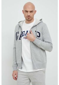 GAP bluza męska kolor szary z kapturem z aplikacją. Okazja: na co dzień. Typ kołnierza: kaptur. Kolor: szary. Wzór: aplikacja. Styl: casual #1