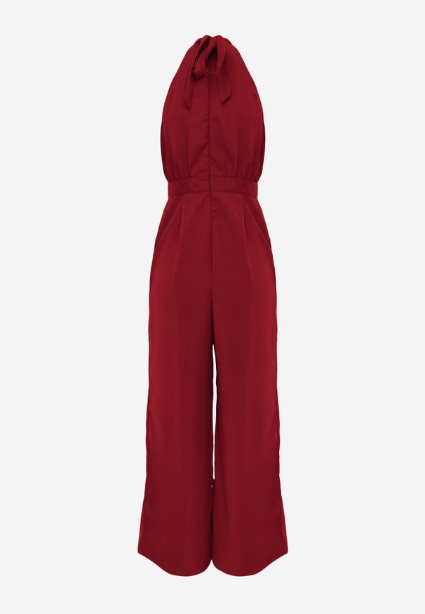 Renee - Bordowy Elegancki Kombinezon z Górą Halter Ozdobioną Różą 3D Dephousa. Kolor: czerwony. Wzór: aplikacja. Styl: elegancki
