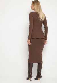 Born2be - Brązowy Elegancki Komplet z Dzianiny z Wiskozą Kardigan i Spódnica Uneva. Kolor: brązowy. Materiał: wiskoza, dzianina #3