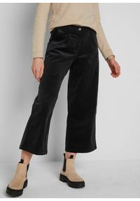 bonprix - Szerokie spodnie sztruksowe culotte high-waist z wygodnym paskiem, dł. 7/8. Stan: podwyższony. Kolor: czarny. Materiał: sztruks #1