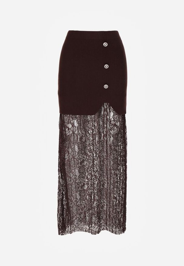 Born2be - Brązowa Dzianinowa Spódnica z Wiskozą Zdobiona Koronką i Guzikami Sewora. Okazja: na co dzień. Kolor: brązowy. Materiał: wiskoza, koronka, dzianina. Wzór: aplikacja, koronka. Styl: klasyczny, casual