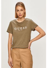 Guess - T-shirt. Okazja: na co dzień. Kolor: oliwkowy. Materiał: bawełna, dzianina. Wzór: nadruk. Styl: casual #1