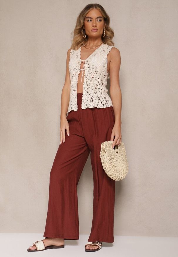 Renee - Bordowe Wiskozowe Spodnie Palazzo High Waist z Lnem Linaselia. Stan: podwyższony. Kolor: czerwony. Materiał: wiskoza, len. Sezon: lato