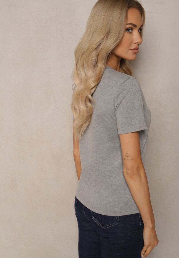Renee - Ciemnoszary T-shirt Koszulka z Krótkim Rękawem i Okrągłym Dekoltem Tiarella. Kolor: szary. Materiał: jeans. Długość rękawa: krótki rękaw. Długość: krótkie. Wzór: aplikacja. Styl: klasyczny, elegancki