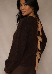 Renee - Brązowy Kardigan z Wełną Zdobiony Bufiastymi Rękawami i Wiązaniem na Plecach Tusfina. Okazja: na co dzień. Kolor: brązowy. Materiał: wełna. Wzór: aplikacja. Styl: casual #3