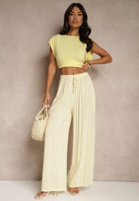 Renee - Jasnożółte Szerokie Spodnie High Waist z Gumką w Talii Ilnena. Stan: podwyższony. Kolor: żółty. Materiał: tkanina. Sezon: lato #5