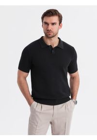 Ombre Clothing - Bawełniana męska koszulka polo ze strukturalnej dzianiny – czarna V5 OM-POSS-0117 - XXL. Okazja: na co dzień, do pracy. Typ kołnierza: polo. Kolor: czarny. Materiał: bawełna, dzianina. Długość: krótkie. Styl: elegancki, casual #4