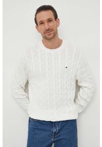 TOMMY HILFIGER - Tommy Hilfiger sweter bawełniany kolor biały lekki. Kolor: biały. Materiał: bawełna. Długość rękawa: długi rękaw. Długość: długie. Wzór: ze splotem
