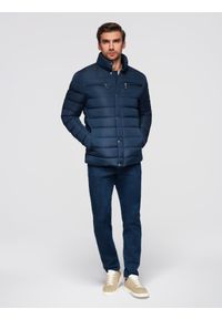 Ombre Clothing - Kurtka pikowana męska ze stójką i zamkami na klatce piersiowej – granatowa V2 - Rozmiar: XL. Okazja: na co dzień. Typ kołnierza: kołnierzyk stójkowy. Kolor: niebieski. Materiał: poliester, materiał. Styl: sportowy, casual, elegancki #3