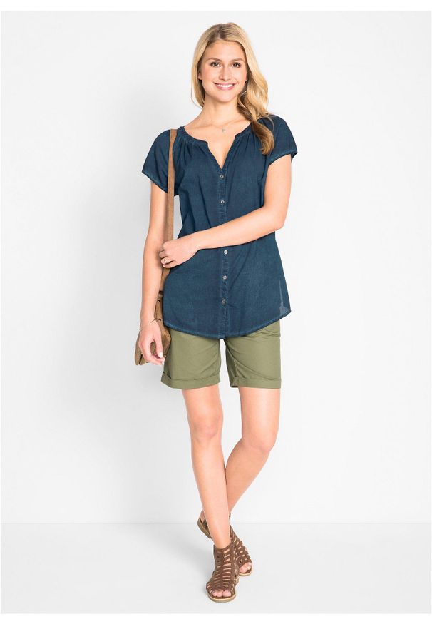 bonprix - "Bluzka bawełniana ""cold-dyed"", krótki rękaw, ze zrównoważonej bawełny". Kolor: niebieski. Materiał: bawełna. Długość rękawa: krótki rękaw. Długość: krótkie