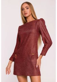 MOE - Elegancka sukienka tweedowa trapezowa mini bordowa. Kolor: czarny, różowy, szary, czerwony. Typ sukienki: trapezowe. Styl: elegancki. Długość: mini #4