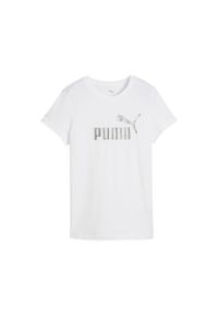 Puma - Damska koszulka z logo NO. 1 ESS METALLIC PUMA White Metallic Silver. Kolor: biały, wielokolorowy, szary. Wzór: nadruk