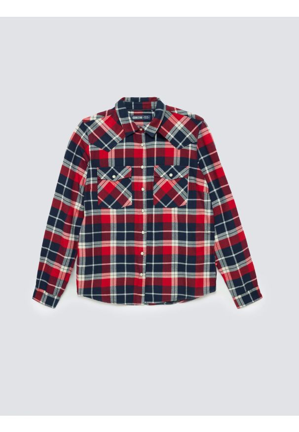 Big-Star - Koszula damska flanelowa z kratę czerwono-granatowa Hiri 603. Okazja: na co dzień. Kolor: czerwony. Wzór: kratka. Styl: casual, elegancki