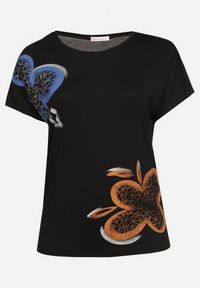 Born2be - Czarny Klasyczny T-shirt z Bawełny Ozdobiony Nadrukiem i Cyrkoniami Kristinae. Okazja: na co dzień. Kolor: czarny. Materiał: bawełna. Wzór: aplikacja, nadruk. Styl: klasyczny