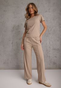 Renee - Beżowy T-shirt Basic z Okrągłym Dekoltem Dolea. Okazja: na co dzień. Kolor: beżowy. Materiał: jeans. Długość: krótkie. Wzór: gładki. Styl: casual #2