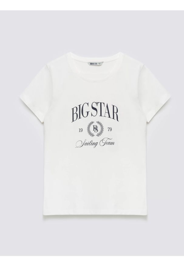 Big-Star - Koszulka damska z kontrastowym nadrukiem biała Ratta 100. Okazja: na co dzień. Kolor: biały. Materiał: jeans, materiał, dzianina. Wzór: nadruk. Styl: elegancki, casual