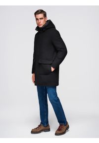 Ombre Clothing - Płaszcz męski parka z wełną i kapturem - czarny V1 - Rozmiar: S. Typ kołnierza: kaptur. Kolor: czarny. Materiał: wełna. Wzór: ze splotem. Styl: elegancki