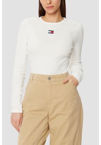 Tommy Jeans - TOMMY JEANS Beżowy damski longsleeve, Rozmiar L. Kolor: beżowy. Długość rękawa: długi rękaw