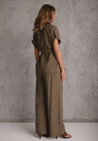 Renee - Zielony Wiskozowy Komplet z Lnem Spodnie Wide Leg i Bluzka o Kroju Marynarki Daprise. Kolor: zielony. Materiał: wiskoza, len #7