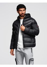 Ombre Clothing - Nowoczesna pikowana kurtka męska z łączonych materiałów – czarna V1 - Rozmiar: XL. Typ kołnierza: kołnierzyk stójkowy. Kolor: czarny. Materiał: materiał. Długość: długie #6