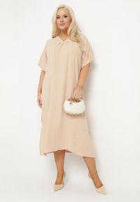 Born2be - Beżowa Sukienka z Bawełną o Pudełkowym Kroju z Ozdobnym Marszczeniem Telisea. Okazja: na co dzień. Kolor: beżowy. Materiał: bawełna. Sezon: lato. Typ sukienki: proste. Styl: casual, klasyczny #6