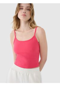 4f - 4F Crop-top slim damski - różowa XL. Kolor: różowy. Materiał: dzianina, włókno, syntetyk, materiał, elastan. Długość rękawa: na ramiączkach. Wzór: gładki, ze splotem, jednolity