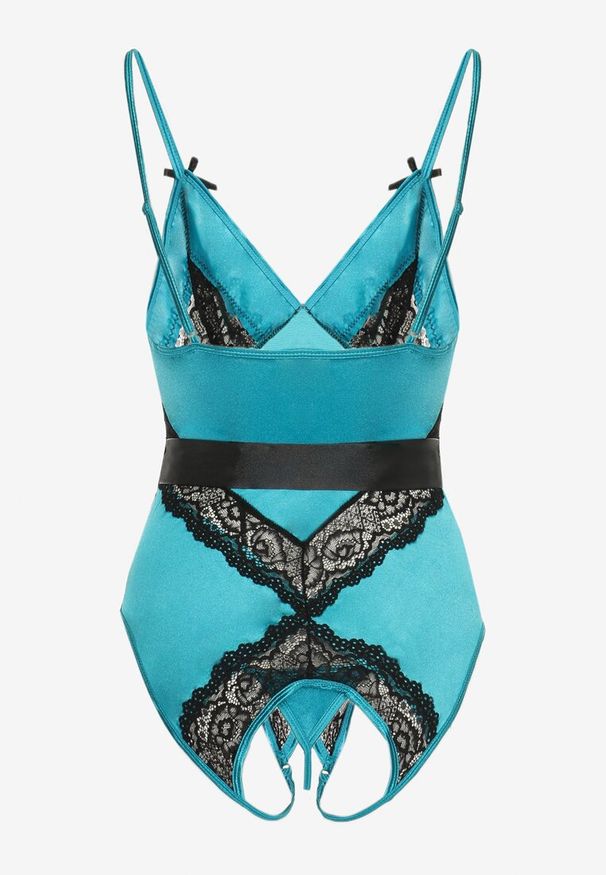 Renee - Niebiesko-Czarne Koronkowe Body ze Stringami z Paskiem w Talii Azuran. Kolor: niebieski. Materiał: koronka. Wzór: aplikacja, koronka