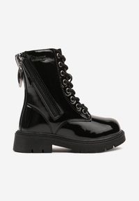 Born2be - Czarne Lakierowane Botki Workery na Grubej Podeszwie z Ozdobnym Suwakiem Siamira. Okazja: na co dzień. Kolor: czarny. Materiał: lakier. Styl: casual, elegancki