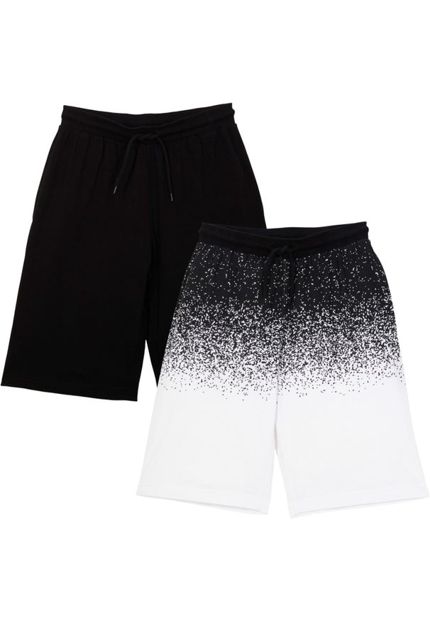 bonprix - Bermudy chłopięce dresowe (2 pary). Kolor: czarny. Materiał: dresówka. Wzór: nadruk
