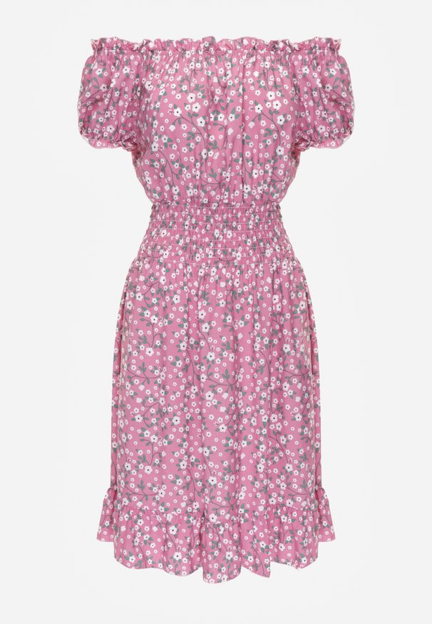 Renee - Różowa Bawełniana Sukienka Midi Hiszpanka z Gumką w Pasie Dnise. Typ kołnierza: dekolt hiszpanka. Kolor: różowy. Materiał: bawełna. Długość: midi