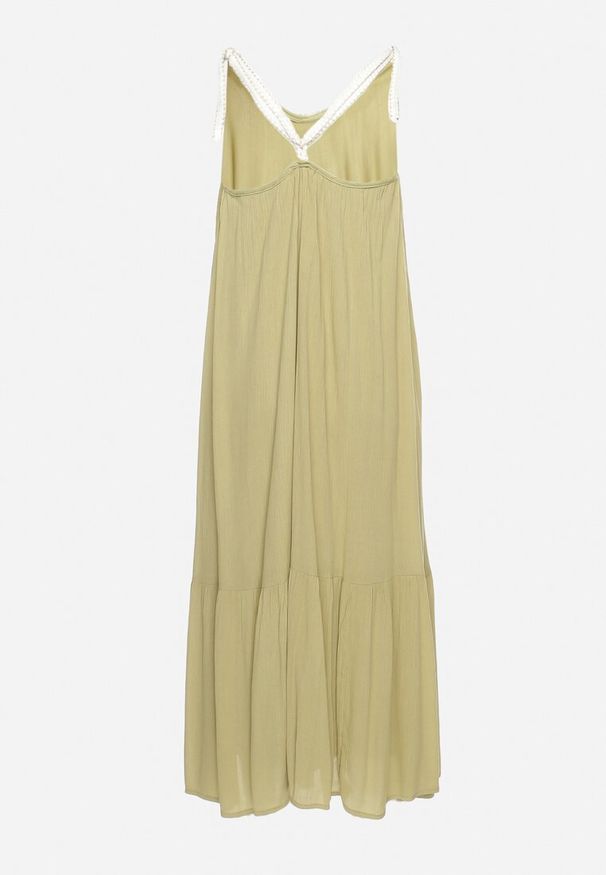 Born2be - Zielona Wiskozowa Sukienka z Ramiączkami Zdobiona Cekinami i Metaliczną Nitką Comalara. Okazja: na co dzień, na imprezę. Typ kołnierza: dekolt w serek. Kolor: zielony. Materiał: wiskoza. Długość rękawa: na ramiączkach. Wzór: aplikacja. Styl: casual