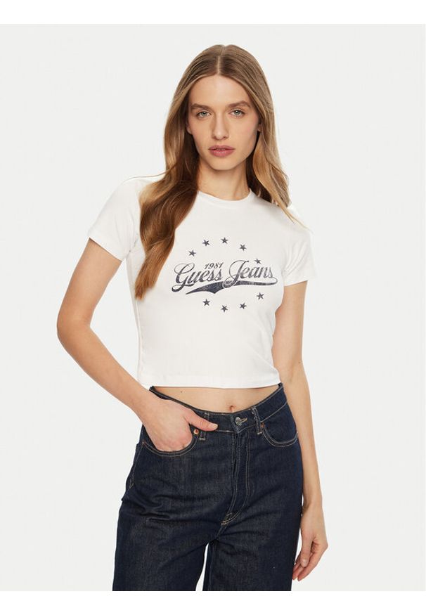 Guess Jeans T-Shirt W5RI59 J1314 Biały Regular Fit. Kolor: biały. Materiał: bawełna