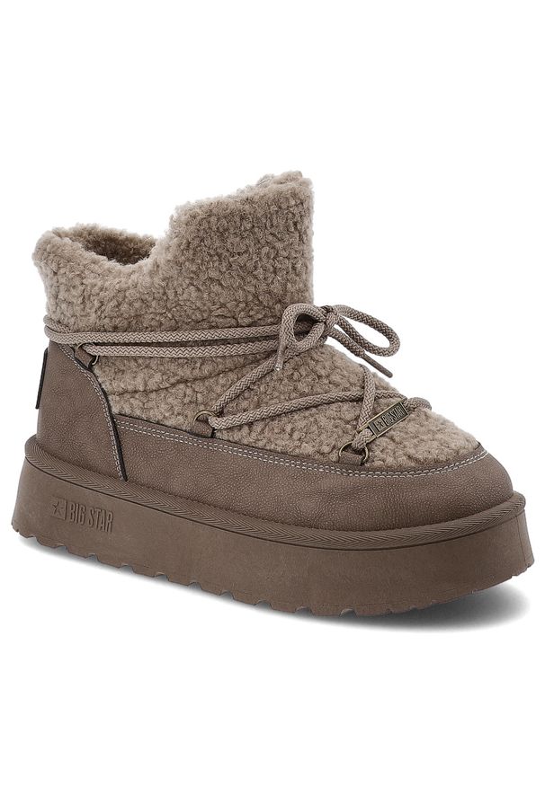 Big-Star - Śniegowce damskie Big Star, ocieplane futerkiem na grubej platformie z okrągłym noskiem, brązowe, SS274112. Nosek buta: okrągły. Zapięcie: sznurówki. Kolor: brązowy. Materiał: futro, materiał. Szerokość cholewki: normalna. Sezon: zima. Obcas: na platformie